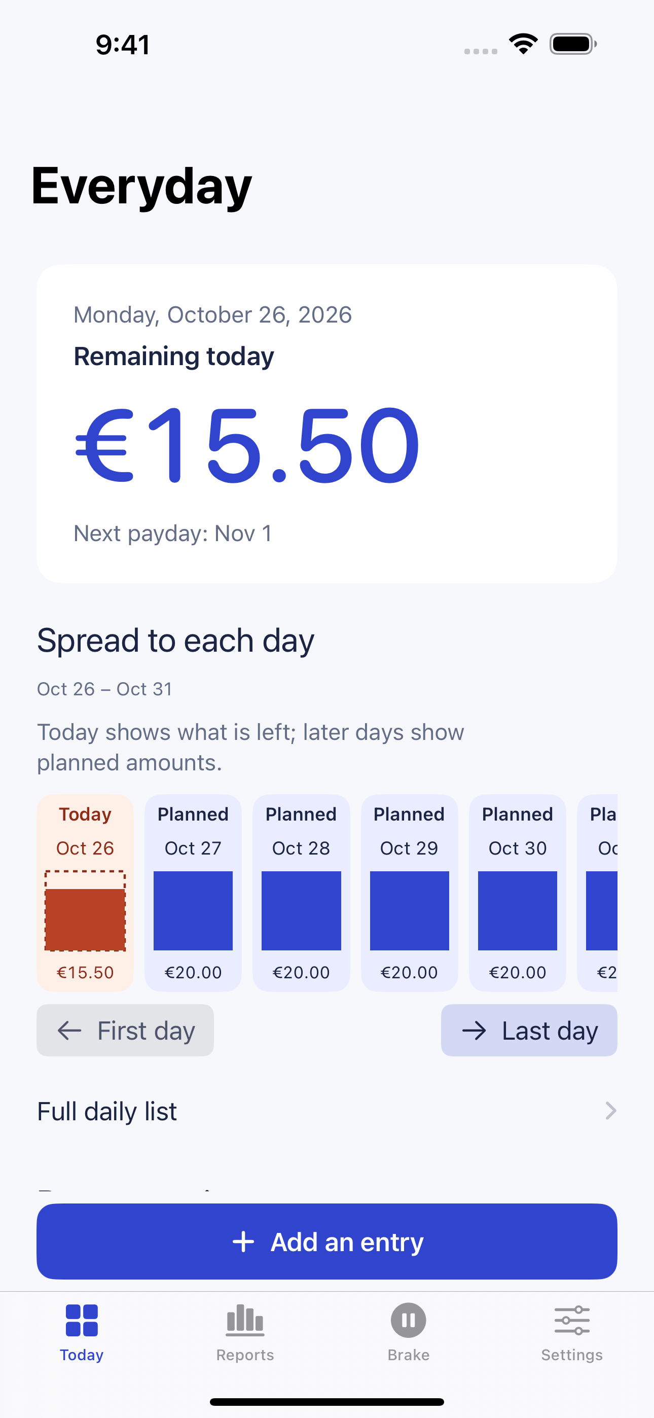 The Monetta Today screen showing a daily allowance, next payday and planned daily amounts